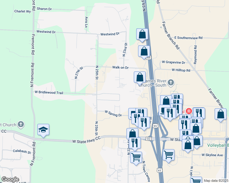 map of restaurants, bars, coffee shops, grocery stores, and more near 6001-6025 North 23rd Street in Ozark