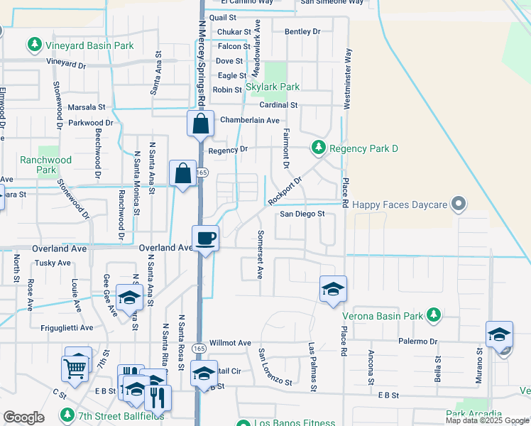 map of restaurants, bars, coffee shops, grocery stores, and more near 448 Rockport Drive in Los Banos