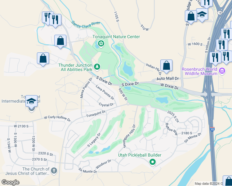map of restaurants, bars, coffee shops, grocery stores, and more near 43 676 W Lava Pointe Drive in St. George