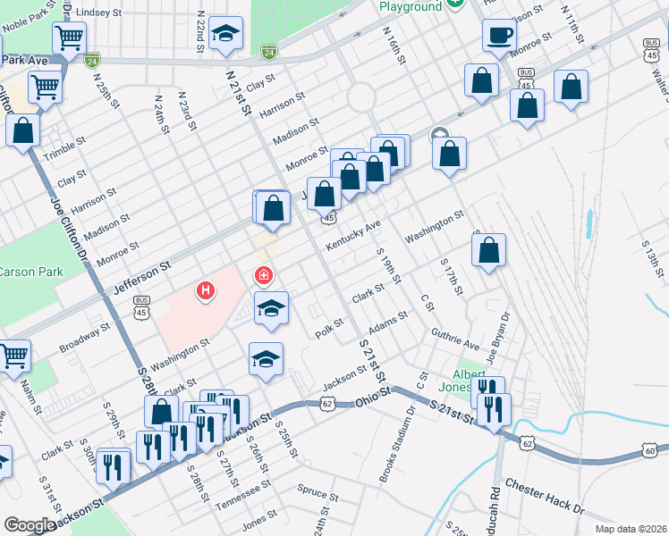 map of restaurants, bars, coffee shops, grocery stores, and more near 2011 Washington Street in Paducah