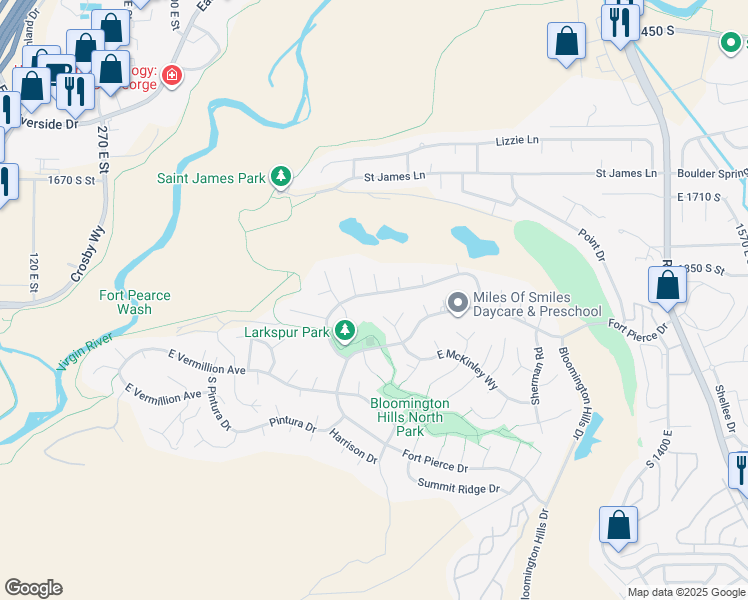 map of restaurants, bars, coffee shops, grocery stores, and more near 830 Larkspur Road in St. George
