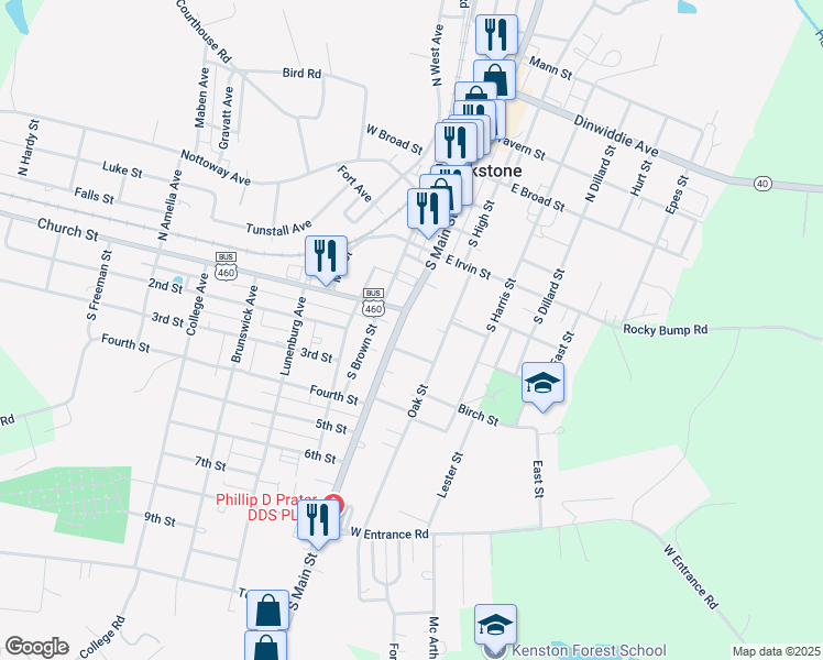 map of restaurants, bars, coffee shops, grocery stores, and more near 507 South Main Street in Blackstone