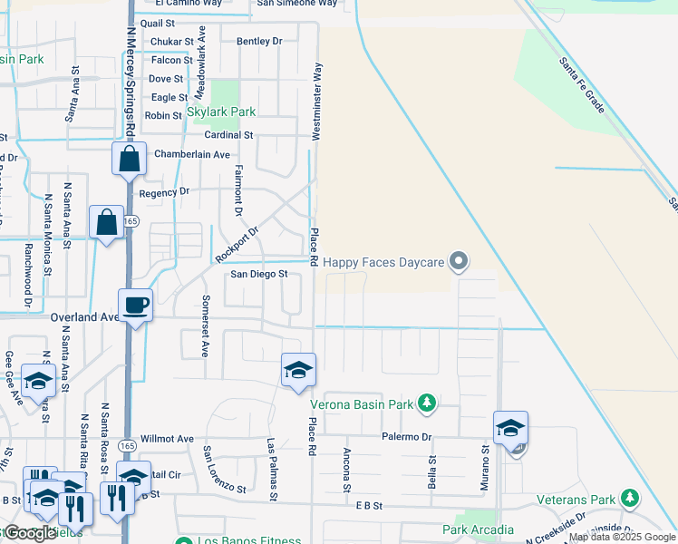 map of restaurants, bars, coffee shops, grocery stores, and more near 2050 Casey Lane in Los Banos