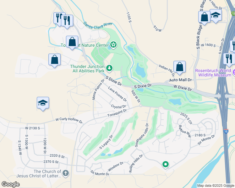 map of restaurants, bars, coffee shops, grocery stores, and more near Lava Pointe Drive in St. George