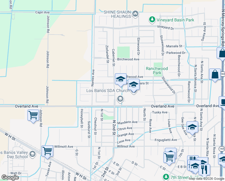 map of restaurants, bars, coffee shops, grocery stores, and more near 455 Cabernet Street in Los Banos