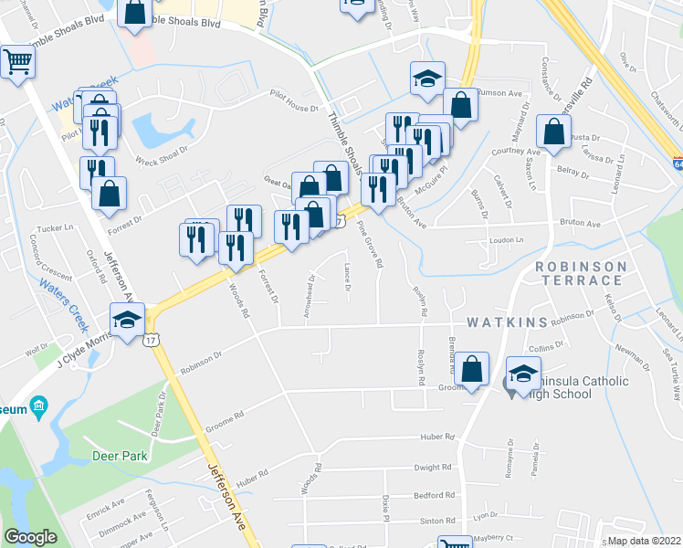 map of restaurants, bars, coffee shops, grocery stores, and more near 713 Lance Drive in Newport News