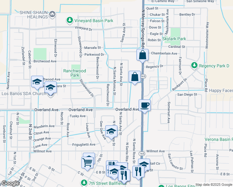 map of restaurants, bars, coffee shops, grocery stores, and more near 424 North Santa Monica Street in Los Banos