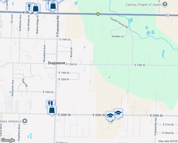map of restaurants, bars, coffee shops, grocery stores, and more near 4372 East 13th Street in Joplin