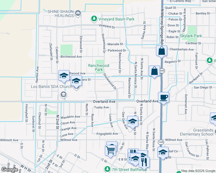 map of restaurants, bars, coffee shops, grocery stores, and more near 947 Burlwood Court in Los Banos
