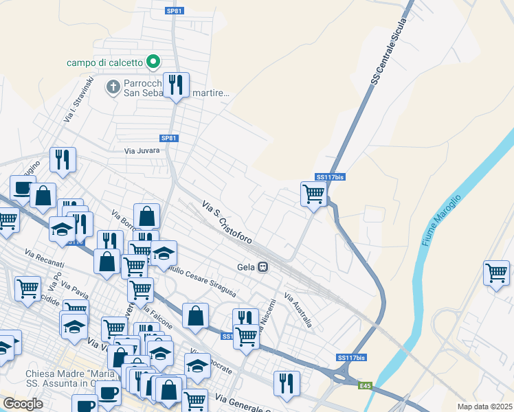 map of restaurants, bars, coffee shops, grocery stores, and more near 18 Via Enrico Artigiani in Gela