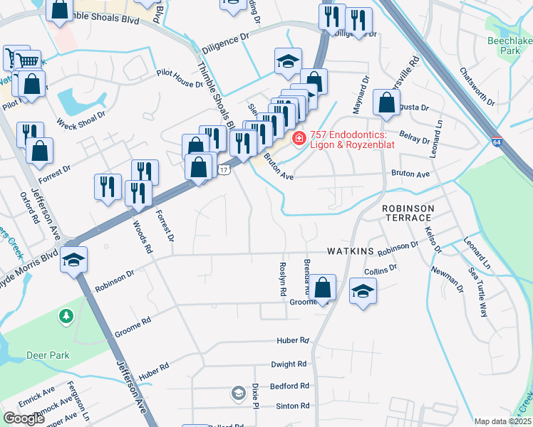 map of restaurants, bars, coffee shops, grocery stores, and more near 717 Roslyn Road in Newport News
