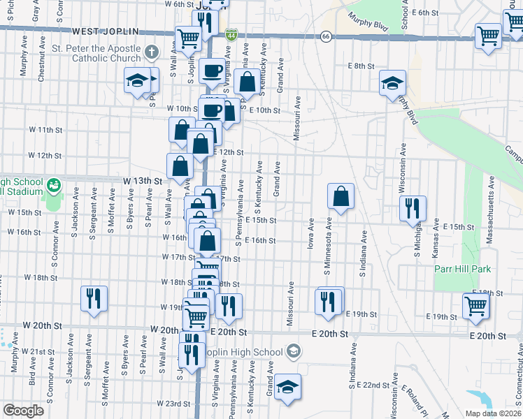 map of restaurants, bars, coffee shops, grocery stores, and more near 1409 South Kentucky Avenue in Joplin