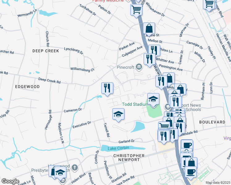 map of restaurants, bars, coffee shops, grocery stores, and more near 600 Huntgate Circle in Newport News