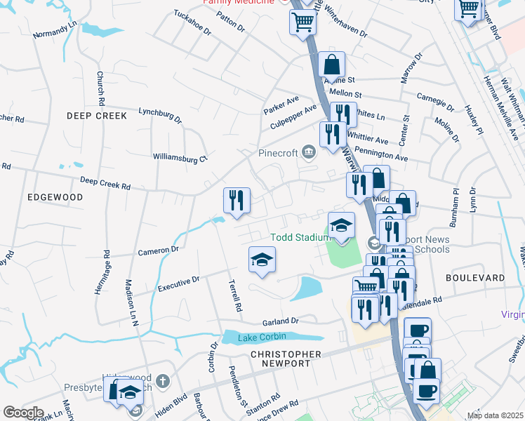map of restaurants, bars, coffee shops, grocery stores, and more near 600 Huntgate Circle in Newport News