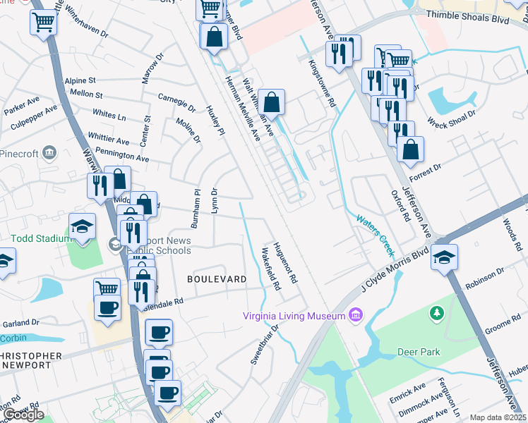 map of restaurants, bars, coffee shops, grocery stores, and more near 81 Middlesex Road in Newport News
