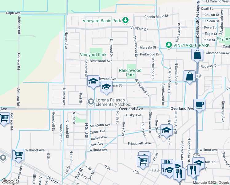 map of restaurants, bars, coffee shops, grocery stores, and more near 466 Ashwood Court in Los Banos