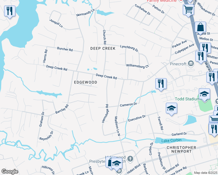 map of restaurants, bars, coffee shops, grocery stores, and more near 144 Hermitage Road in Newport News