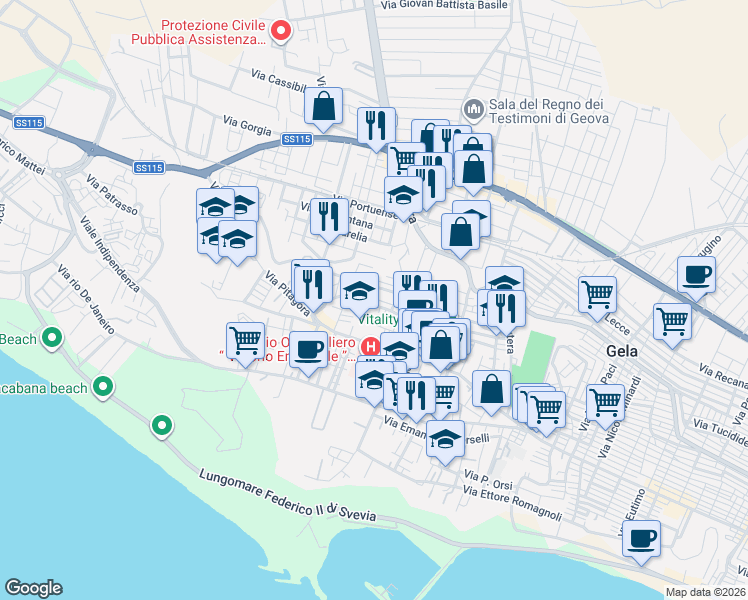 map of restaurants, bars, coffee shops, grocery stores, and more near 69 Via Sallustio in Gela