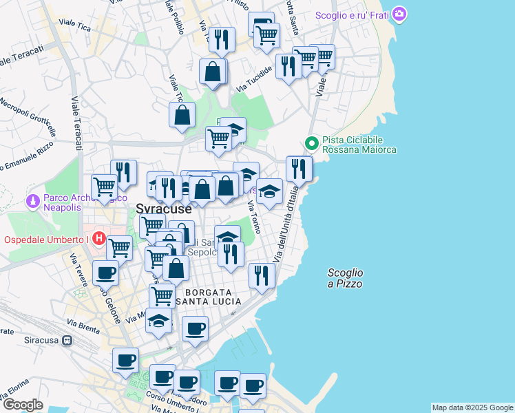 map of restaurants, bars, coffee shops, grocery stores, and more near 61 Via Milano in Siracusa