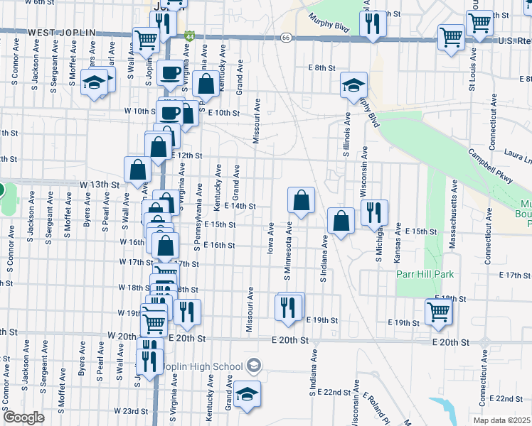 map of restaurants, bars, coffee shops, grocery stores, and more near 1406 Iowa Ave in Joplin