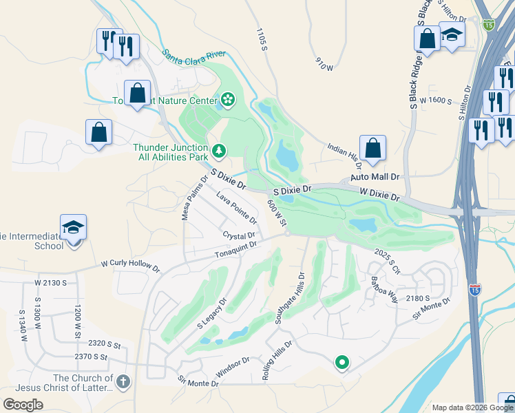 map of restaurants, bars, coffee shops, grocery stores, and more near 44 676 W Lava Pointe Drive in St. George