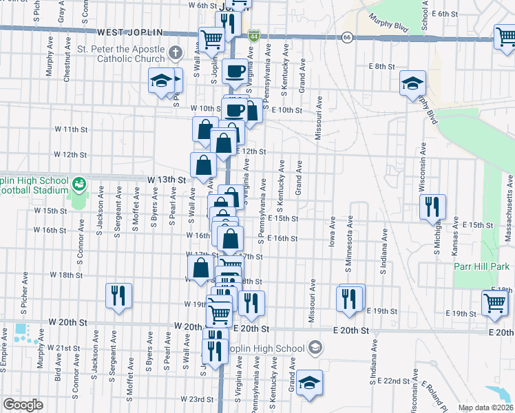 map of restaurants, bars, coffee shops, grocery stores, and more near 1408 South Pennsylvania Avenue in Joplin