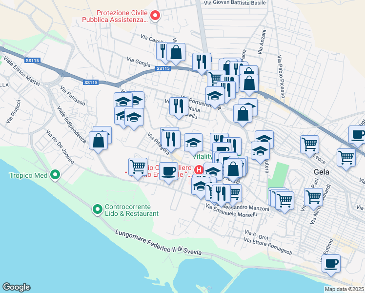 map of restaurants, bars, coffee shops, grocery stores, and more near 90 Via Tigellino in Gela