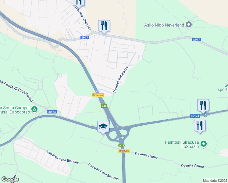 map of restaurants, bars, coffee shops, grocery stores, and more near 25 Traversa Gebbiazza in Libero consorzio comunale di Siracusa