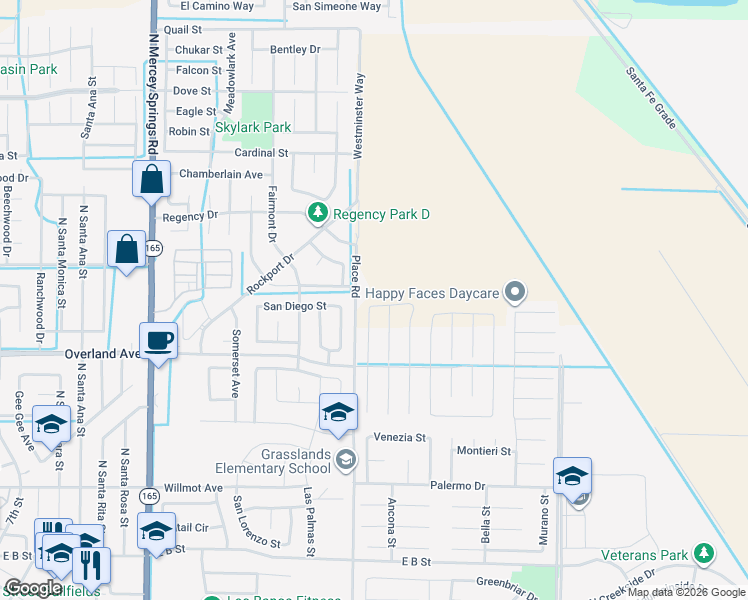 map of restaurants, bars, coffee shops, grocery stores, and more near 2042 Casey Lane in Los Banos