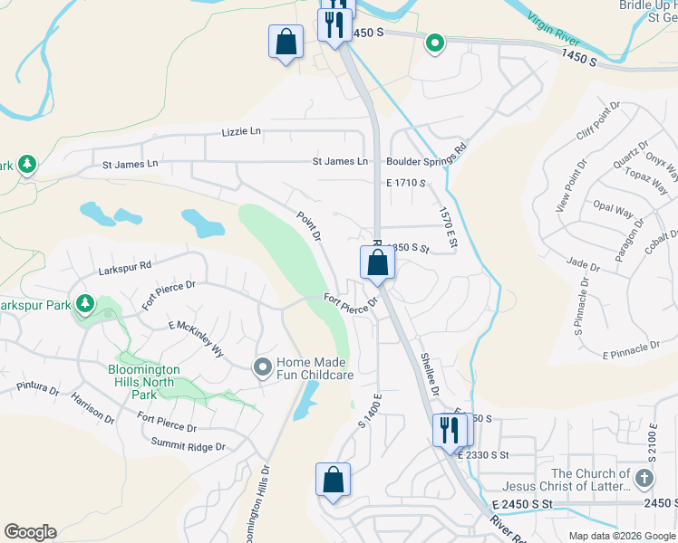 map of restaurants, bars, coffee shops, grocery stores, and more near 1922 Point Drive in St. George