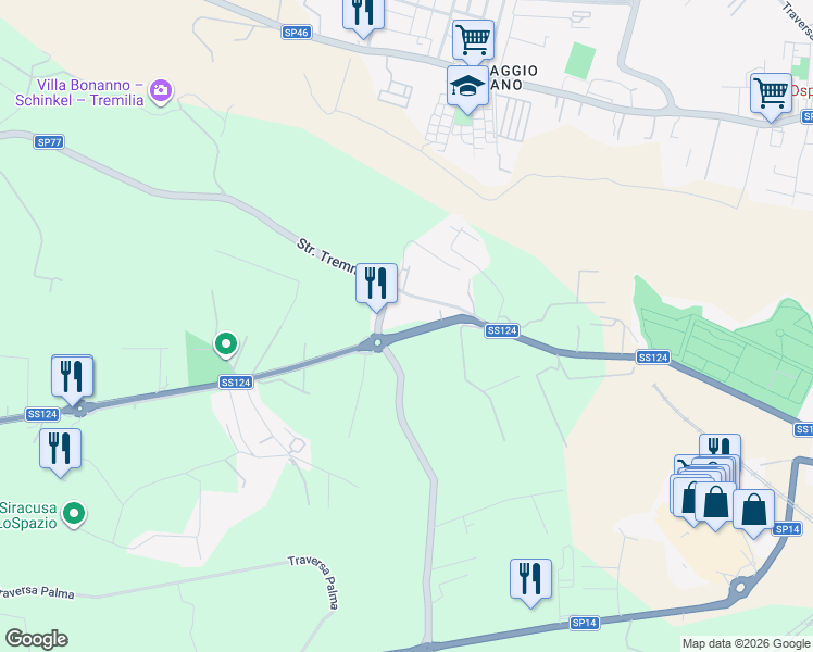 map of restaurants, bars, coffee shops, grocery stores, and more near 20 Via per Floridia in Siracusa