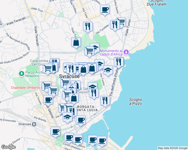 map of restaurants, bars, coffee shops, grocery stores, and more near 32 Viale Teocrito in Siracusa