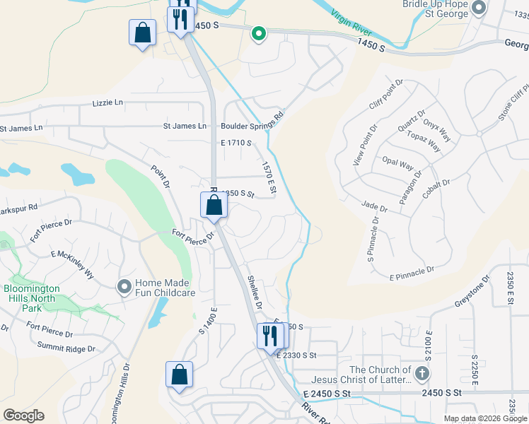 map of restaurants, bars, coffee shops, grocery stores, and more near 1597 East Dihedral Drive in St. George