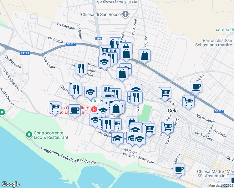 map of restaurants, bars, coffee shops, grocery stores, and more near 30 Via Damaggio Navarra in Gela