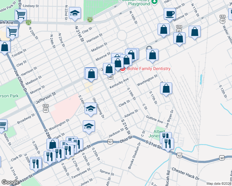map of restaurants, bars, coffee shops, grocery stores, and more near 2011 Washington Street in Paducah