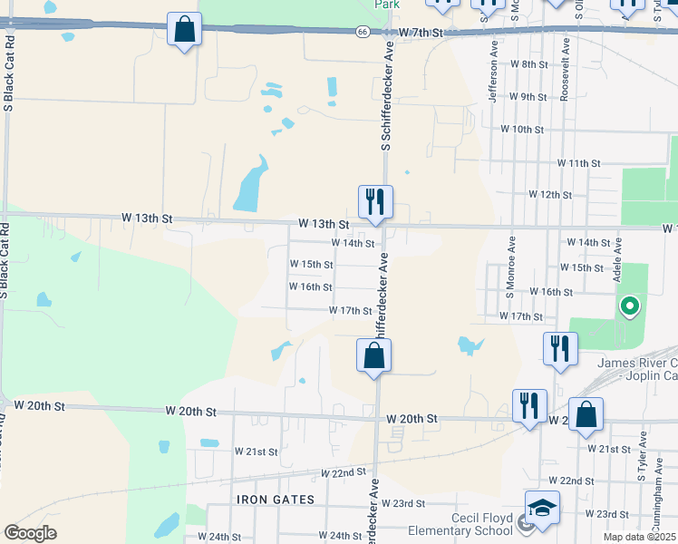 map of restaurants, bars, coffee shops, grocery stores, and more near 2932 West 15th Street in Joplin