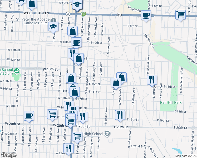 map of restaurants, bars, coffee shops, grocery stores, and more near 1409 South Kentucky Avenue in Joplin