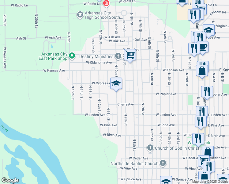 map of restaurants, bars, coffee shops, grocery stores, and more near 1201 North 10th Street in Arkansas City