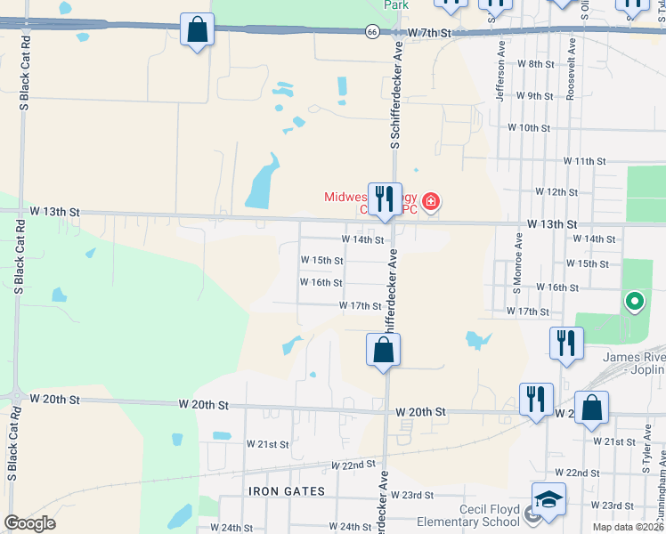 map of restaurants, bars, coffee shops, grocery stores, and more near 3018 West 15th Street in Joplin