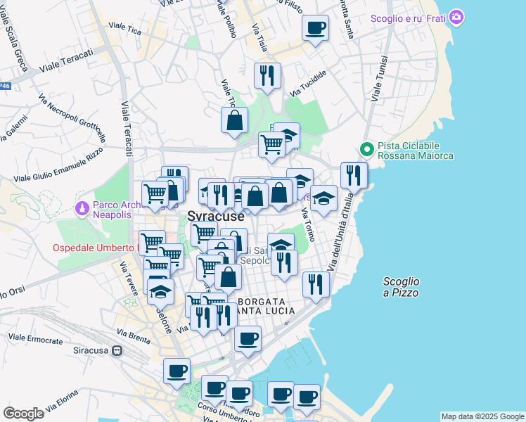 map of restaurants, bars, coffee shops, grocery stores, and more near 38 Viale Teocrito in Siracusa