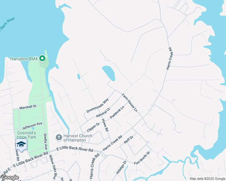 map of restaurants, bars, coffee shops, grocery stores, and more near 219 Drummonds Way in Hampton