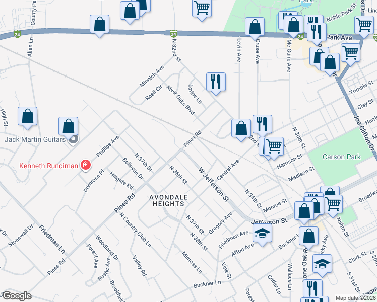 map of restaurants, bars, coffee shops, grocery stores, and more near 674 West Jefferson Street in Paducah