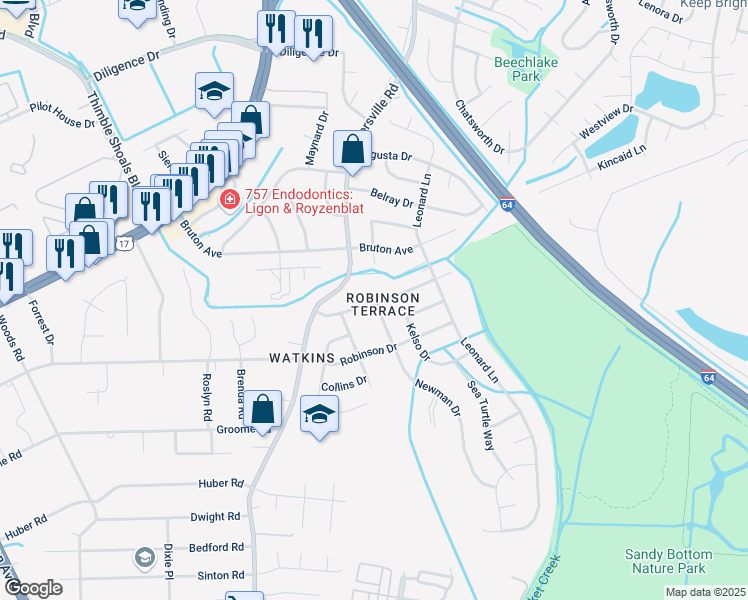 map of restaurants, bars, coffee shops, grocery stores, and more near 237 Benns Road in Newport News