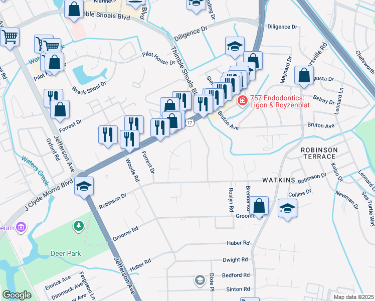 map of restaurants, bars, coffee shops, grocery stores, and more near 715 Lance Drive in Newport News