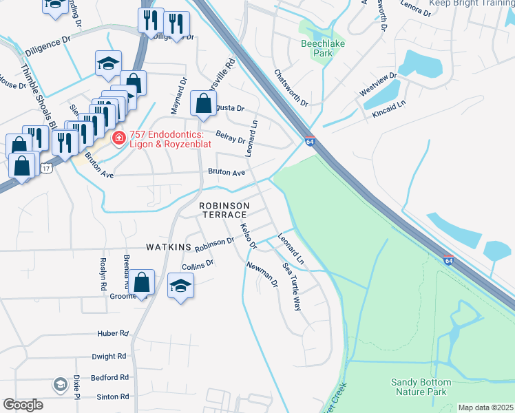 map of restaurants, bars, coffee shops, grocery stores, and more near 673 Kelso Drive in Newport News