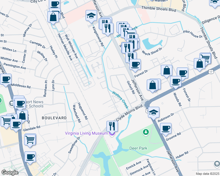 map of restaurants, bars, coffee shops, grocery stores, and more near 80 Concord Crescent in Newport News