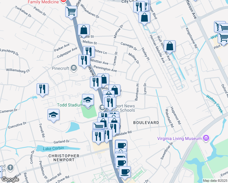 map of restaurants, bars, coffee shops, grocery stores, and more near 26 Middlesex Road in Newport News