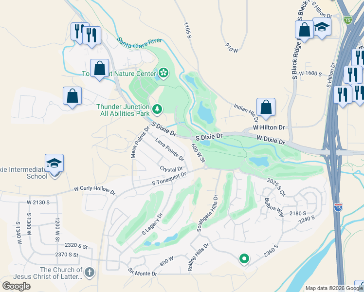 map of restaurants, bars, coffee shops, grocery stores, and more near 45 676 W Lava Pointe Drive in St. George