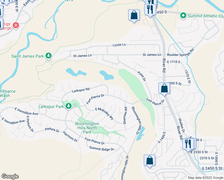map of restaurants, bars, coffee shops, grocery stores, and more near 1972 Jasmine Place in St. George