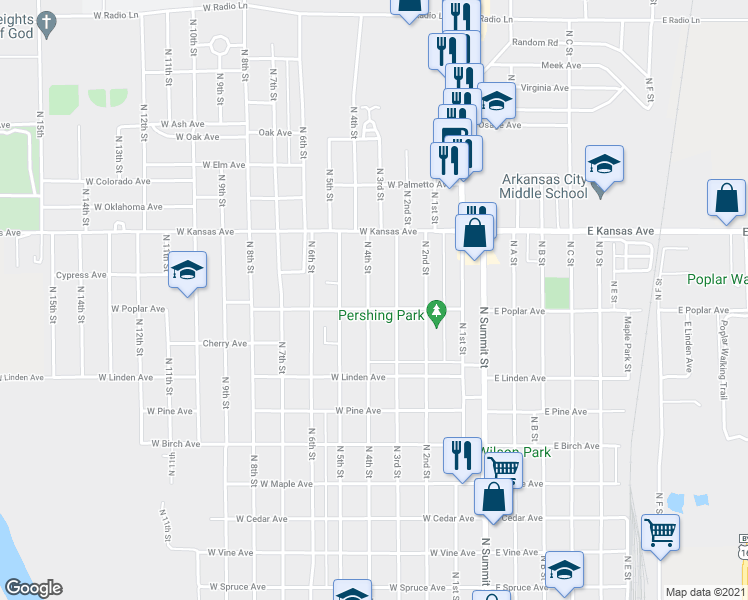 map of restaurants, bars, coffee shops, grocery stores, and more near 1206 North 4th Street in Arkansas City